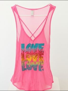 No Boundaries Hot Pink Mesh Tank with Colorful "LOVE" Graphic